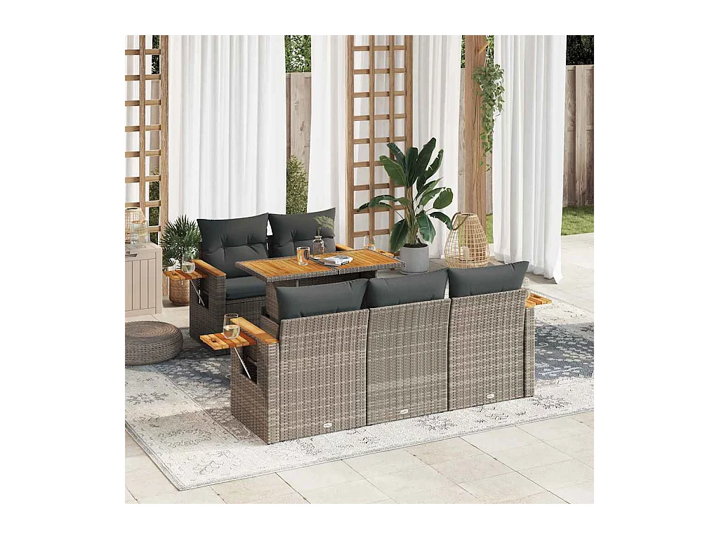 Salon de jardin avec coussins 6 pièces gris résine tressée acacia