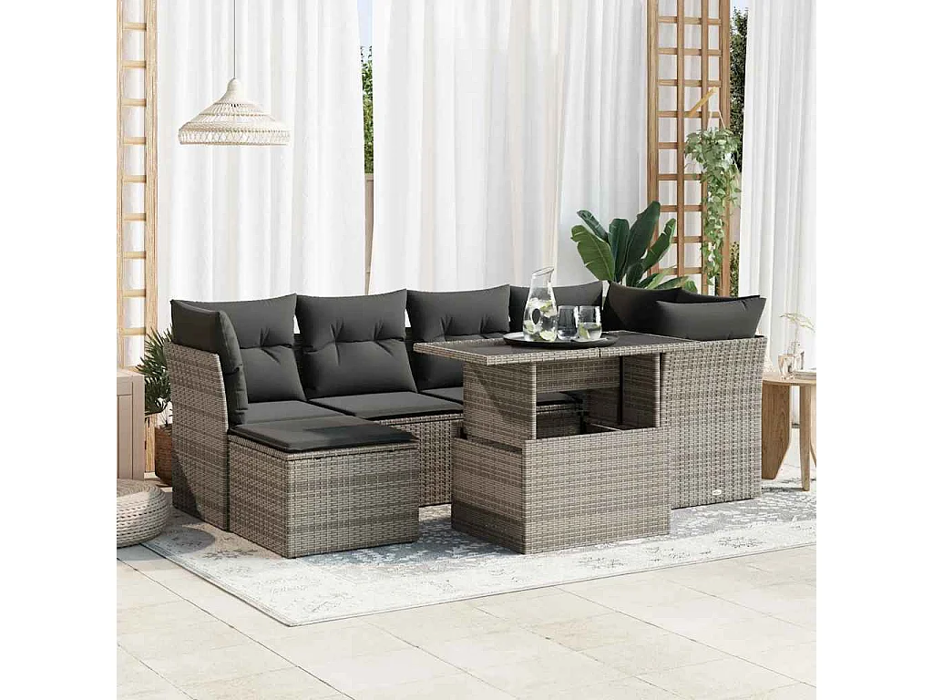 7-delige Loungeset met kussens poly rattan grijs