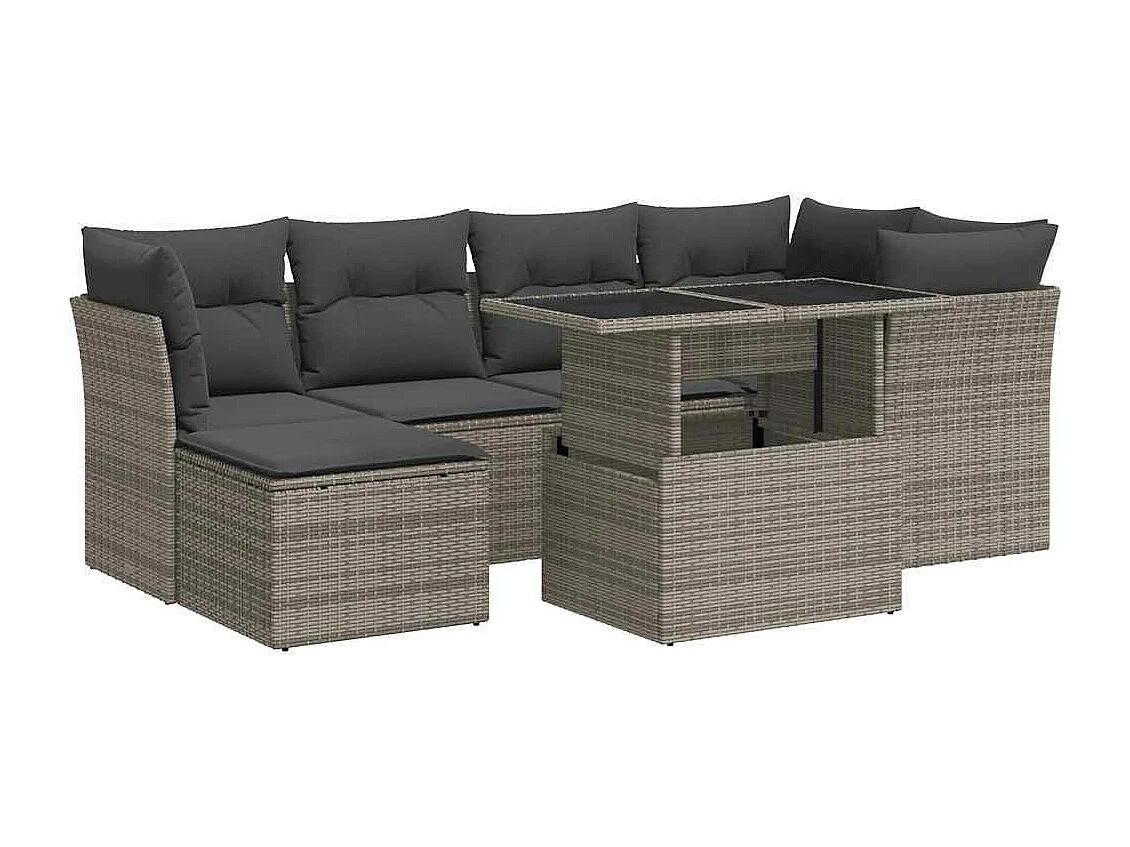 7-delige Loungeset met kussens poly rattan grijs