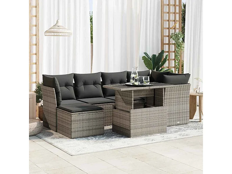 7-delige Loungeset met kussens poly rattan grijs