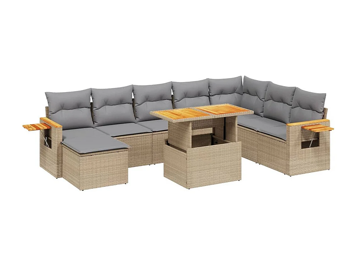 9 peças conjunto de sofás para jardim com almofadões vime PE bege