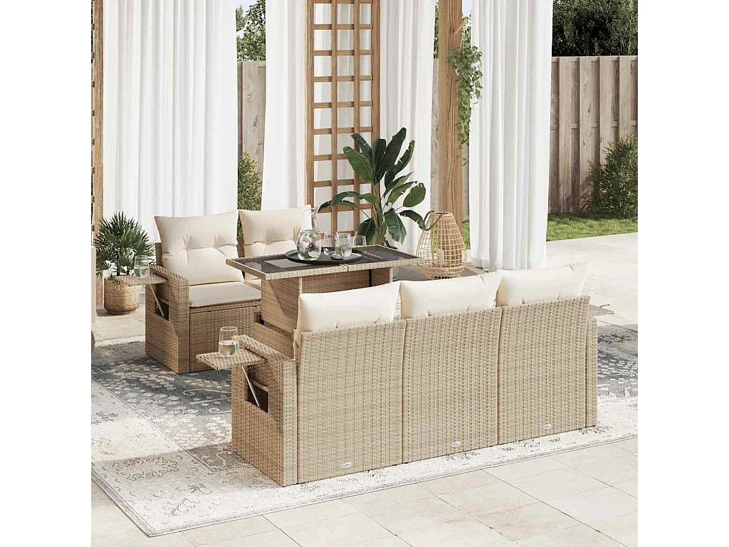 6-delige Loungeset met kussens poly rattan beige