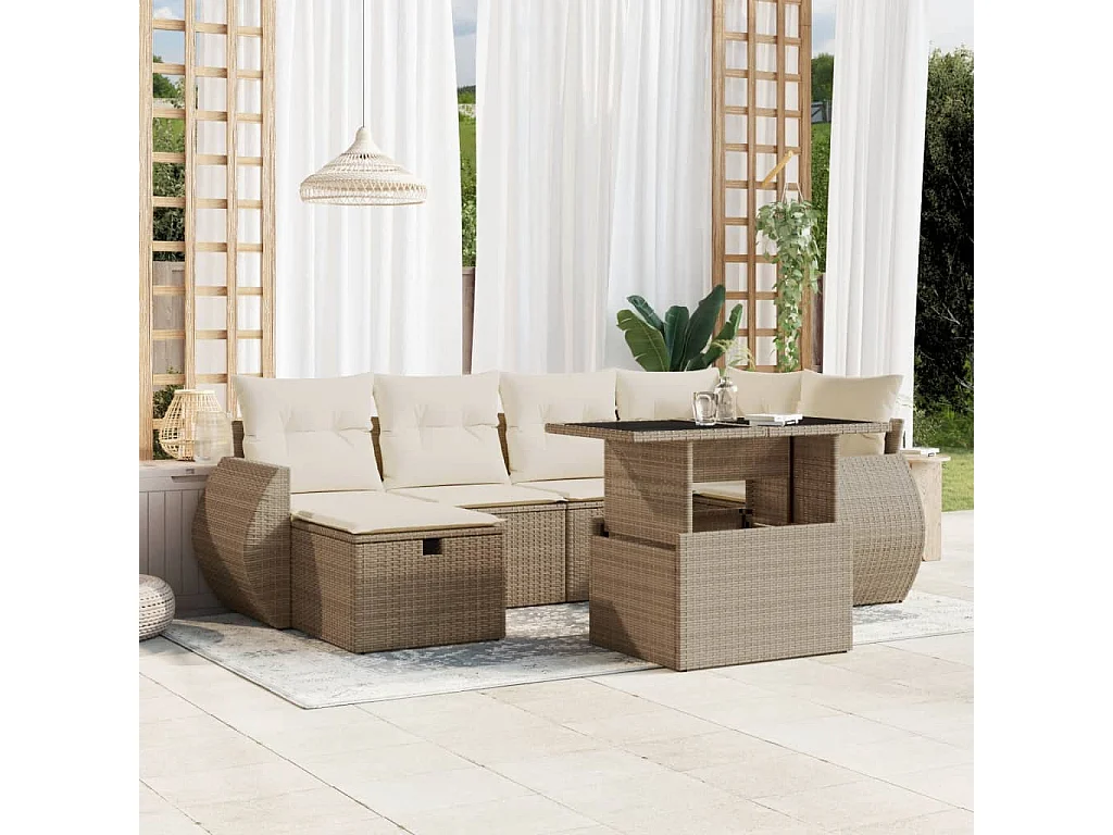 7-delige Loungeset met kussens poly rattan beige