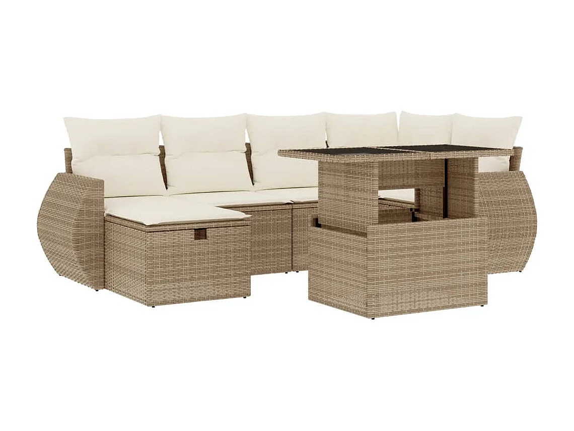 7-delige Loungeset met kussens poly rattan beige