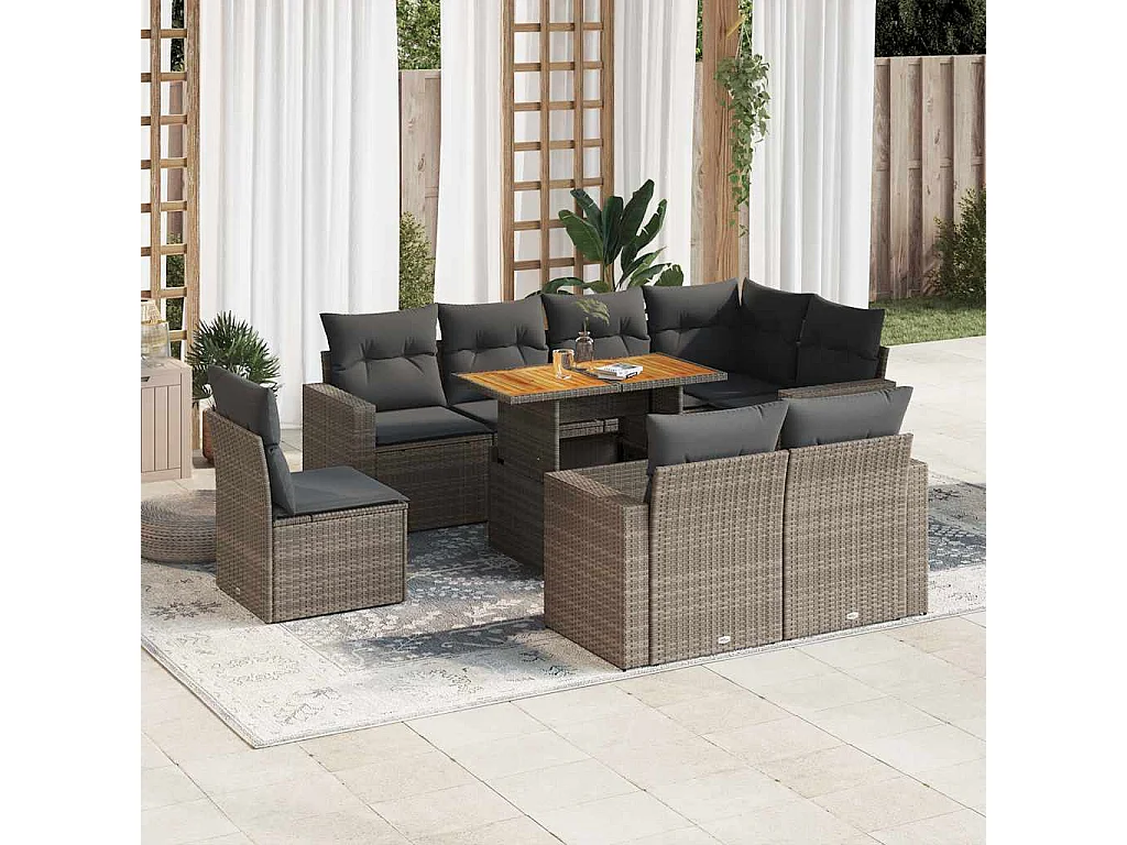 Salon de jardin 9 pièces avec coussins gris résine tressée