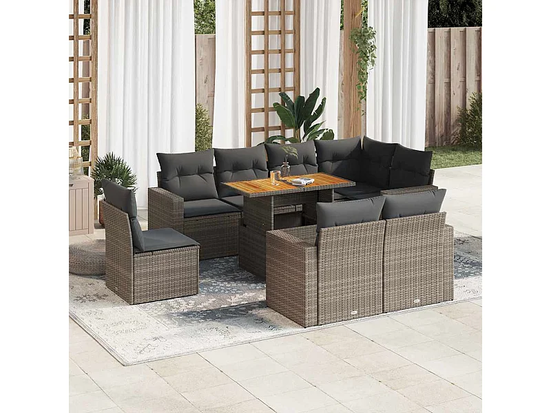 Salon de jardin 9 pièces avec coussins gris résine tressée