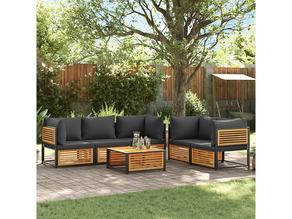 Salon de jardin avec coussins 6 pièces bois d'acacia solide