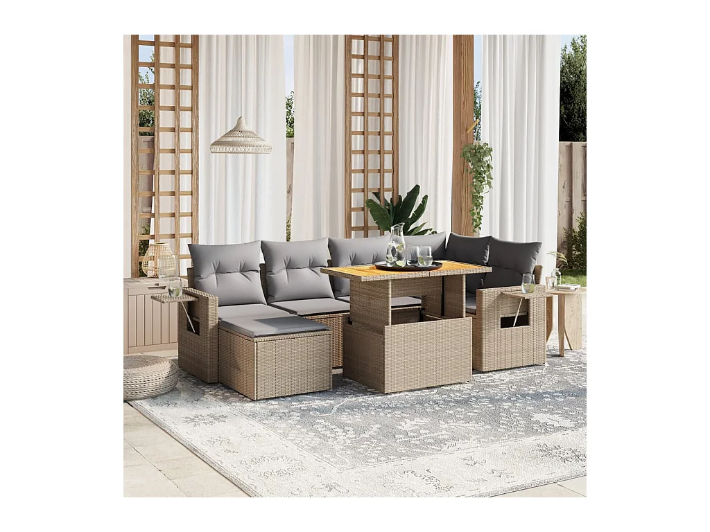 7 peças conjunto de sofás para jardim com almofadões vime PE bege