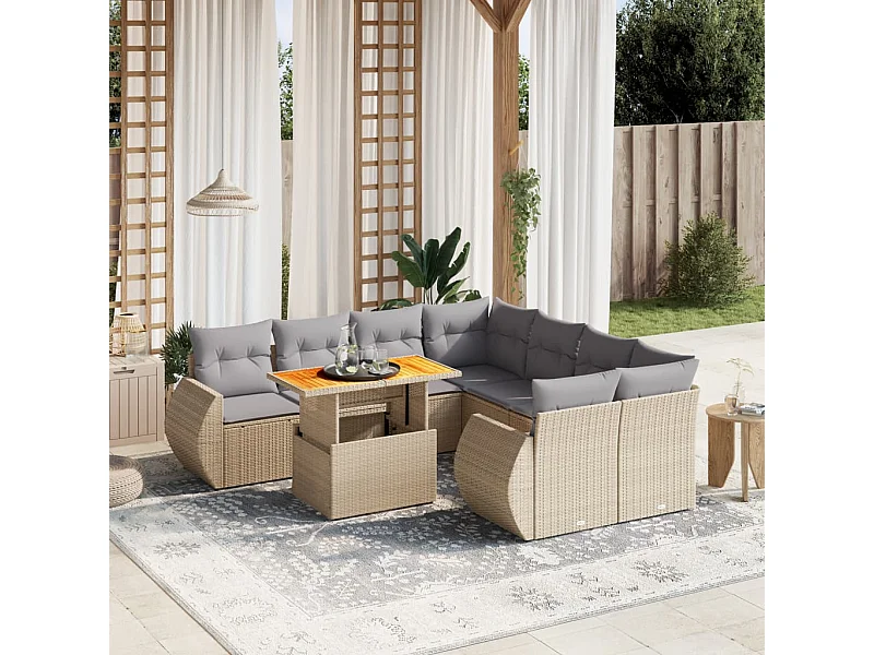 Salon de jardin avec coussins 9 pièces beige résine tressée