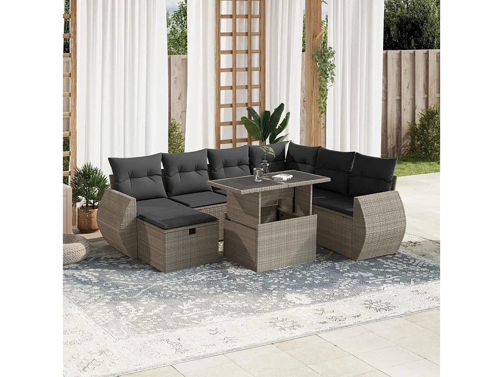 Salon de jardin 8 pièces avec coussins gris clair résine tressée