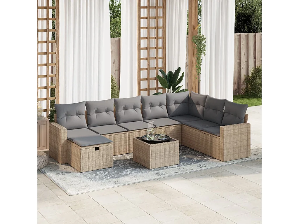 9-delige Loungeset met kussens poly rattan beige