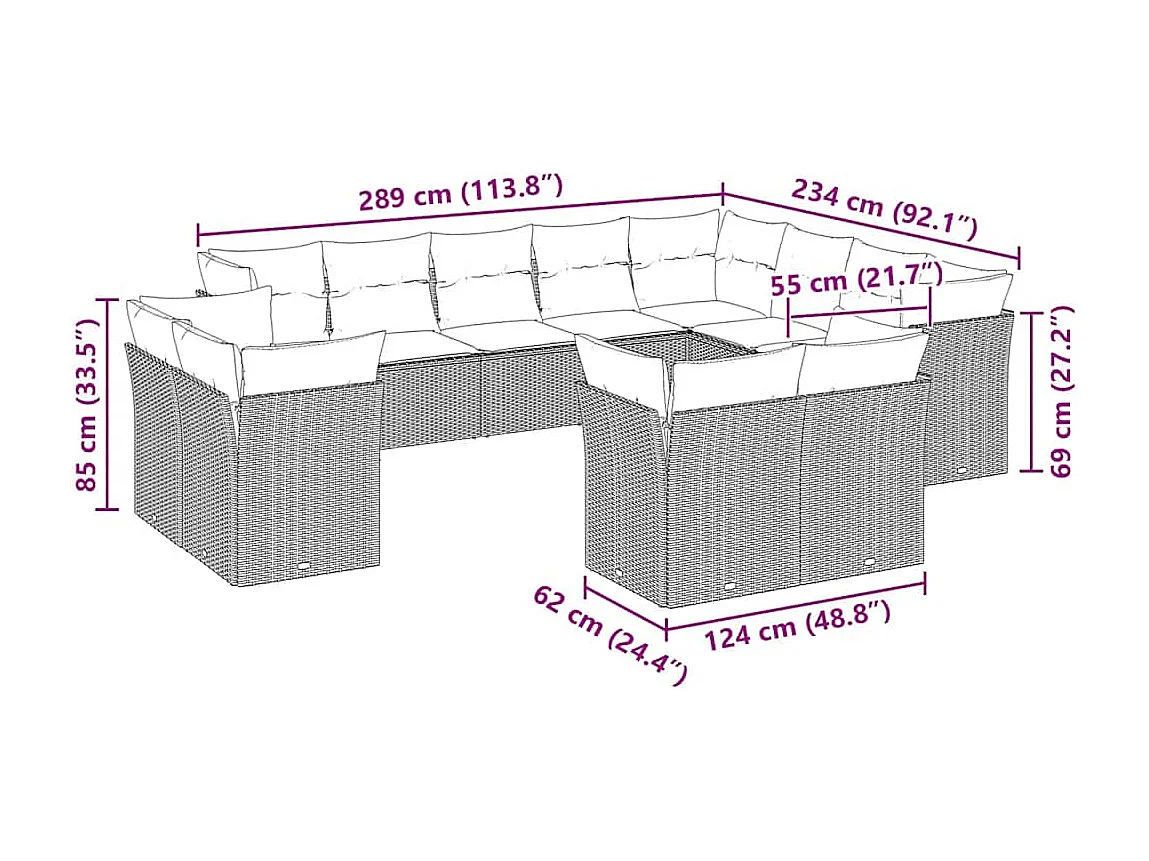 12 peças conj. sofás jardim com almofadões vime PE cinzento-claro