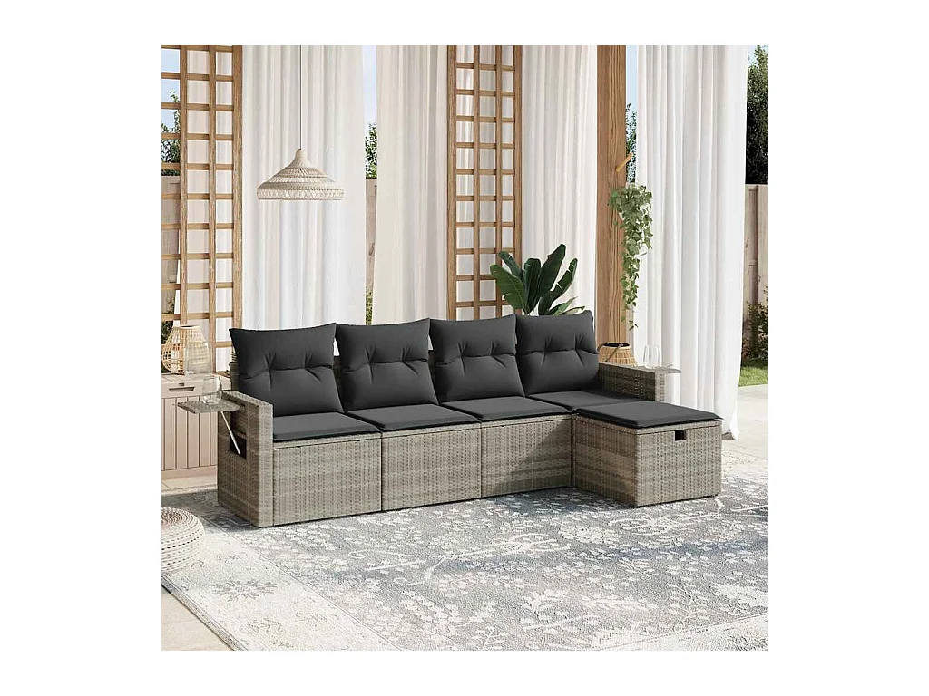 5-delige Loungeset met kussens poly rattan lichtgrijs