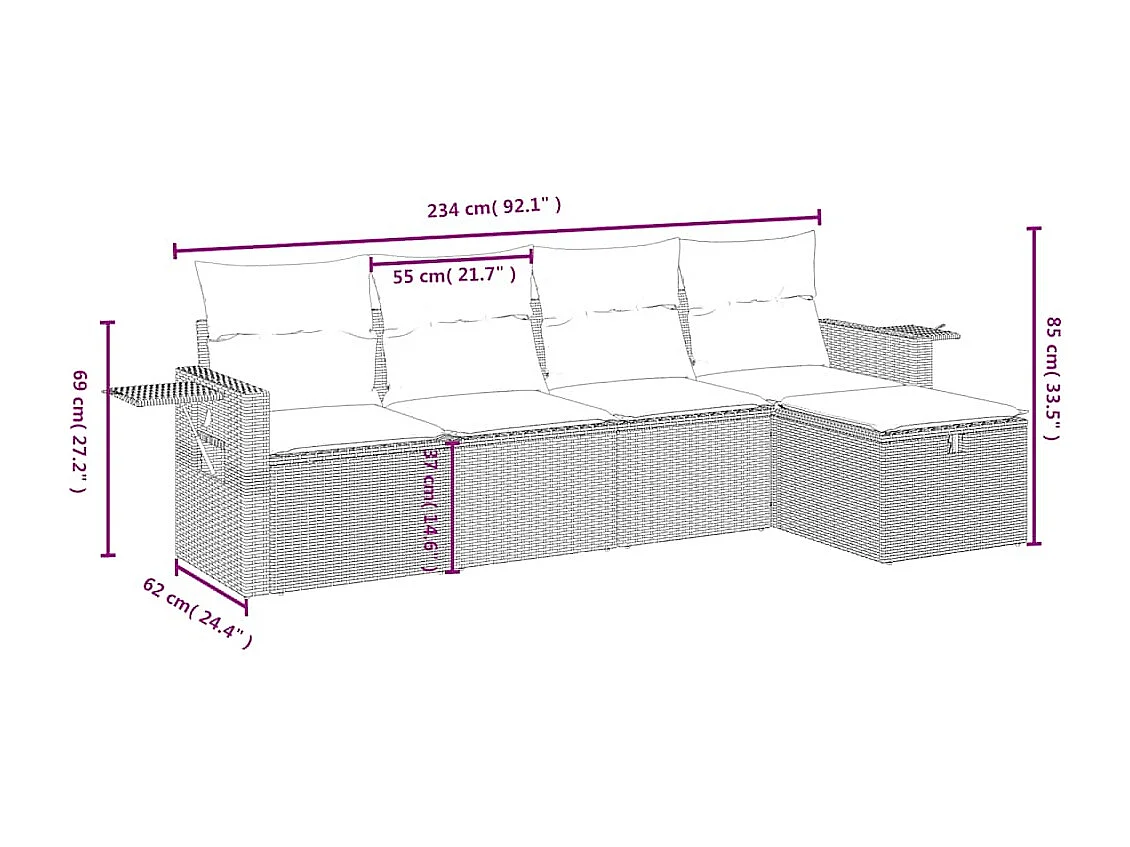5 peças conj. sofás jardim com almofadões vime PE cinzento-claro