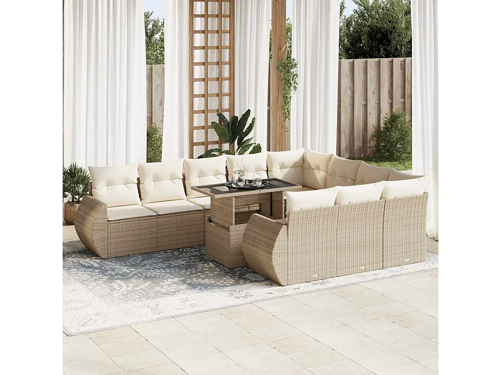 Salon de jardin 11 pièces avec coussins beige résine tressée