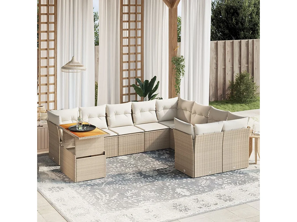 Salon de jardin avec coussins 10 pièces beige résine tressée