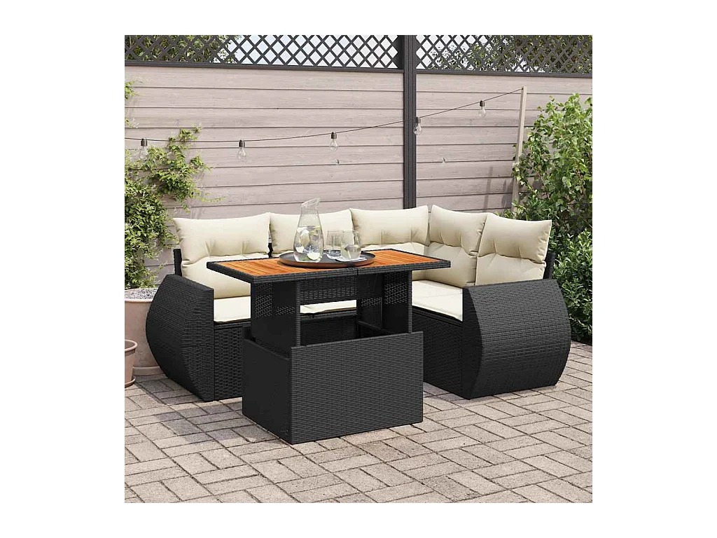 5-delige Loungeset met kussens poly rattan zwart