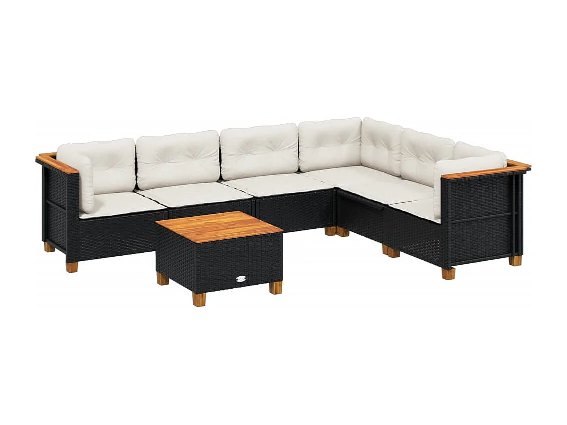 7-delige Loungeset met kussens poly rattan zwart