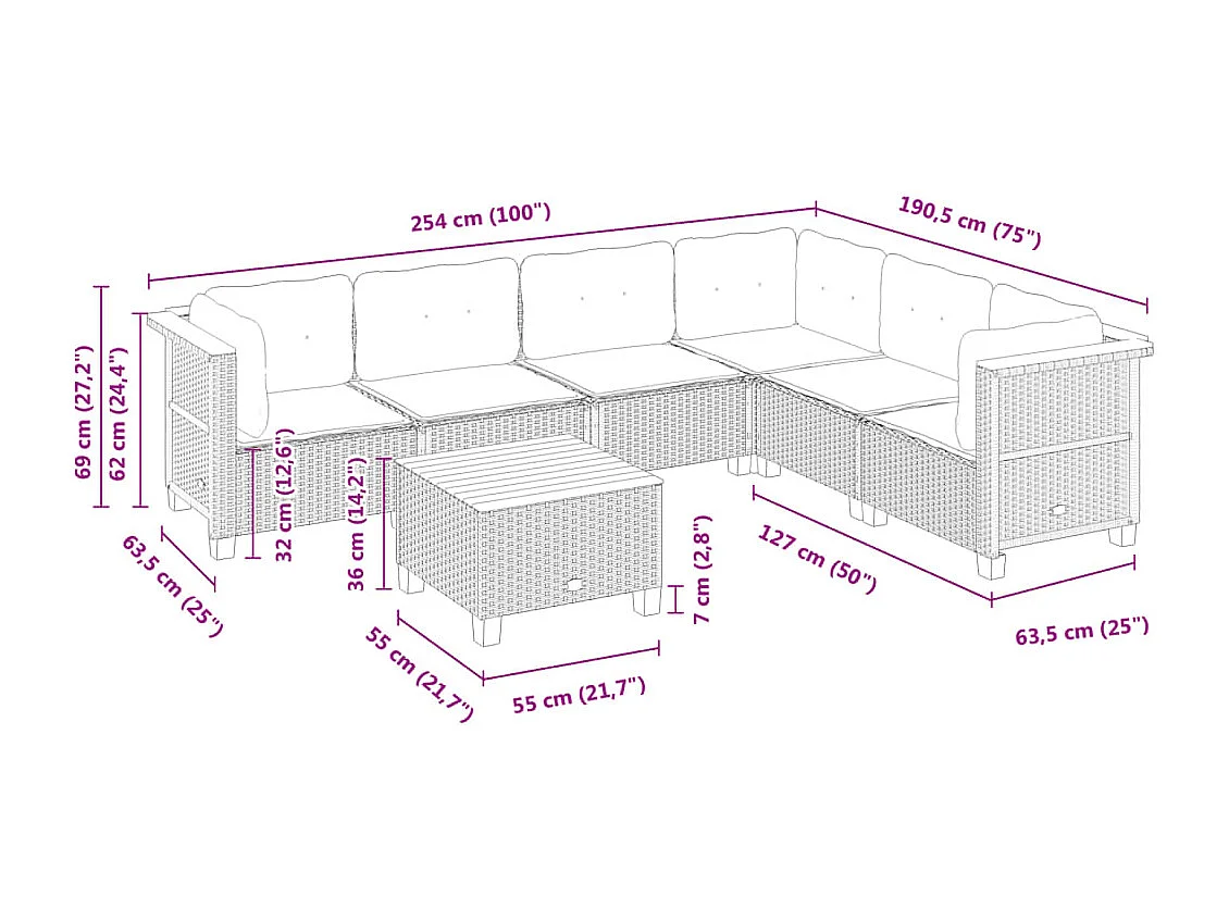 7-delige Loungeset met kussens poly rattan zwart