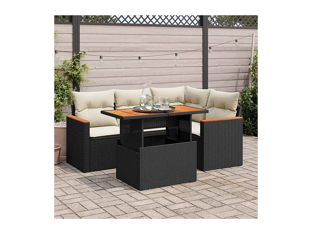 Salon de jardin 5 pièces avec coussins noir résine tressée acacia