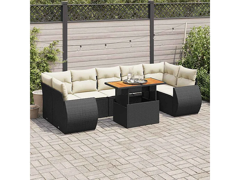 8-delige Loungeset met kussens poly rattan zwart