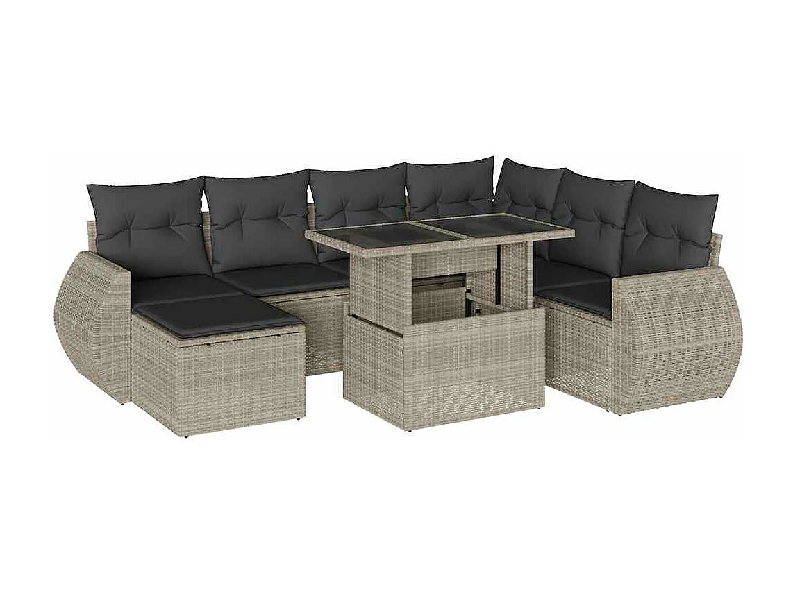 Set de sofás de jardín 8 piezas y cojines ratán sintético gris