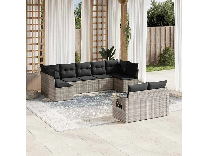 Salon de jardin 9 pièces avec coussins gris clair résine tressée