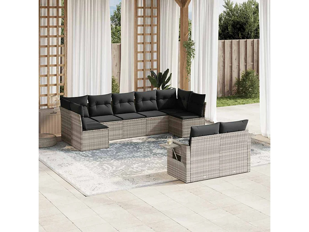Salon de jardin 9 pièces avec coussins gris clair résine tressée
