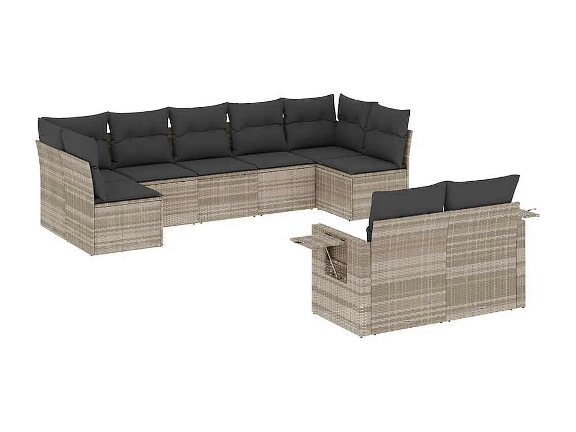 Salon de jardin 9 pièces avec coussins gris clair résine tressée