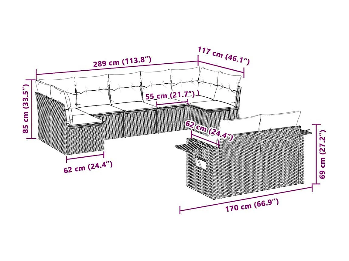 Salon de jardin 9 pièces avec coussins gris clair résine tressée