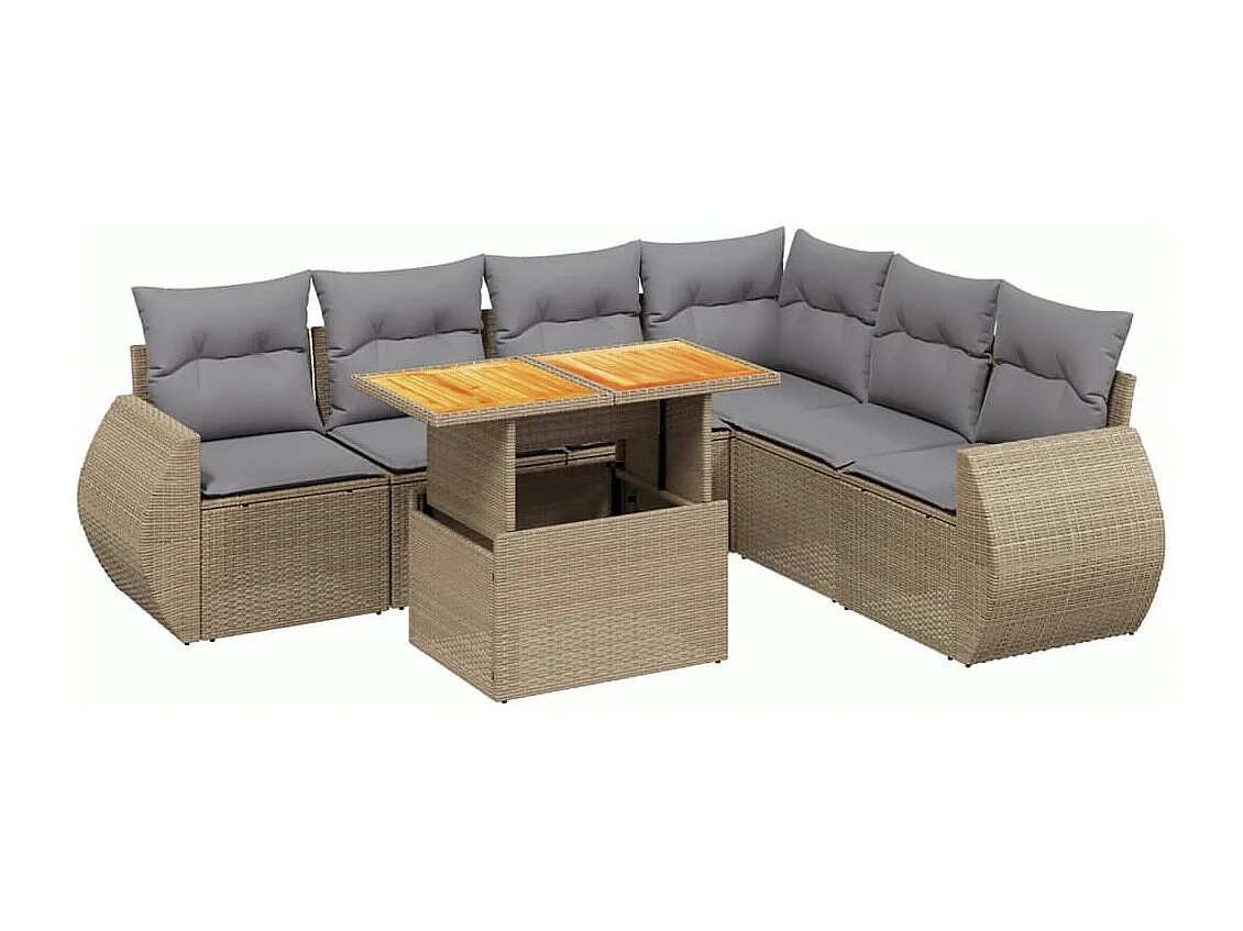 7-delige Loungeset met kussens poly rattan beige