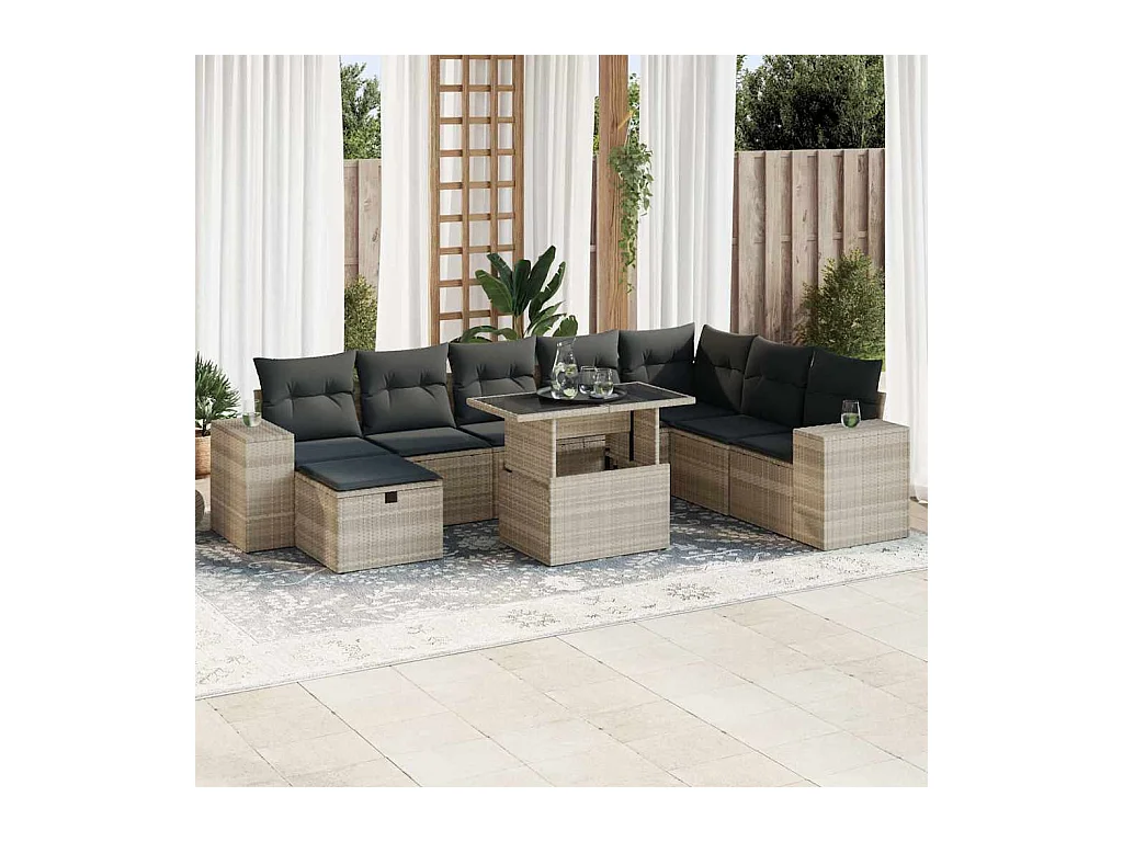 9-delige Loungeset met kussens poly rattan lichtgrijs