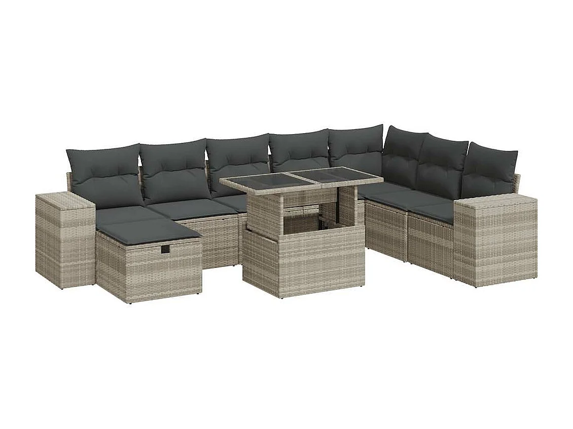 Salon de jardin 9 pièces avec coussins gris clair résine tressée