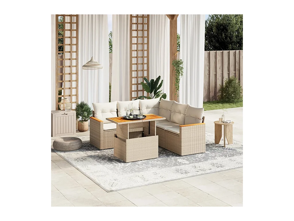 Salon de jardin avec coussins 6 pièces beige résine tressée