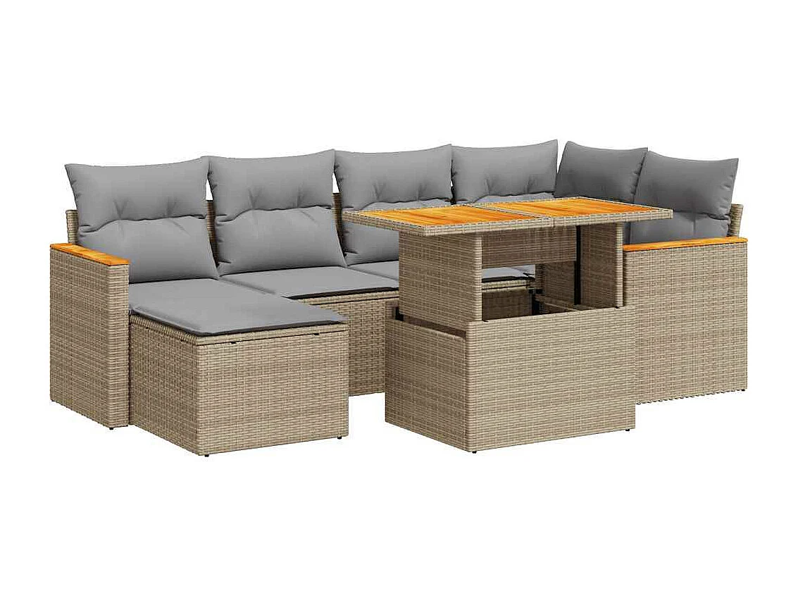 7 peças conjunto sofás jardim com almofadões vime PE/acácia bege