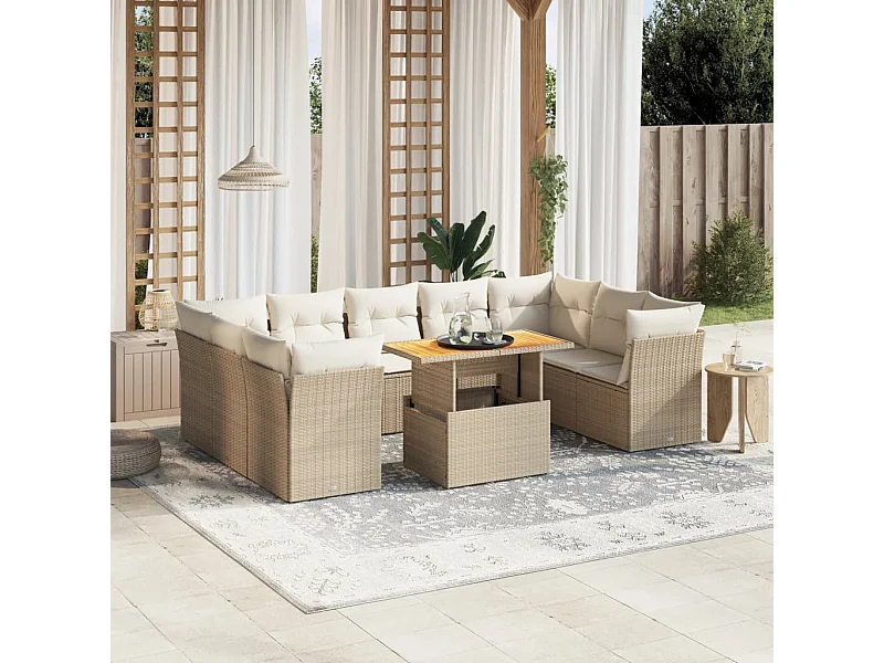 Juego de sofás jardín con cojines beige 10 piezas ratán sintético