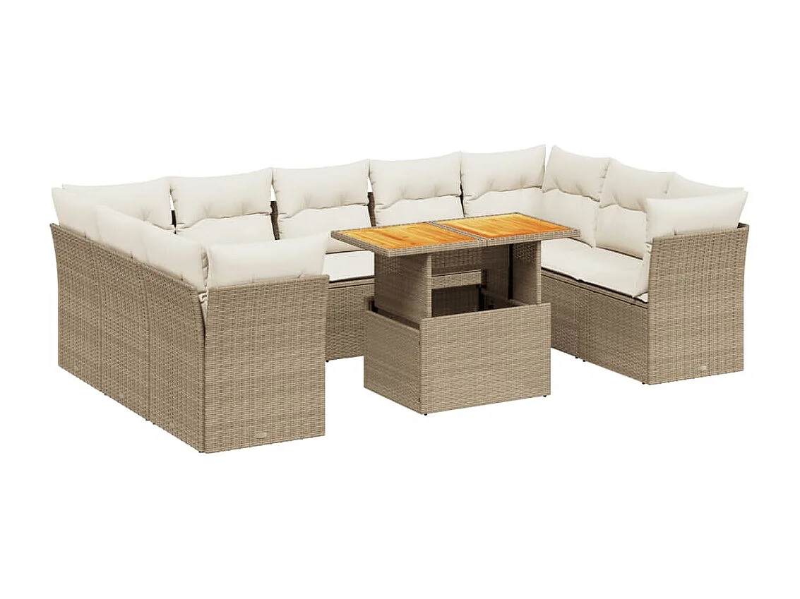10-delige Loungeset met kussens poly rattan beige