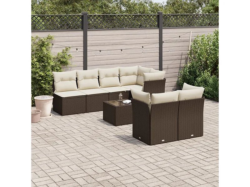 8-delige Loungeset met kussens poly rattan bruin
