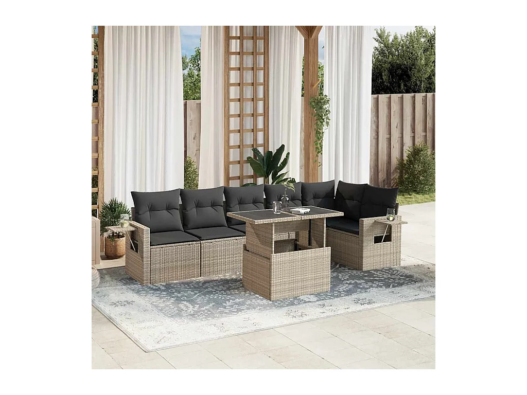 Salon de jardin avec coussins 7 pièces gris clair résine tressée