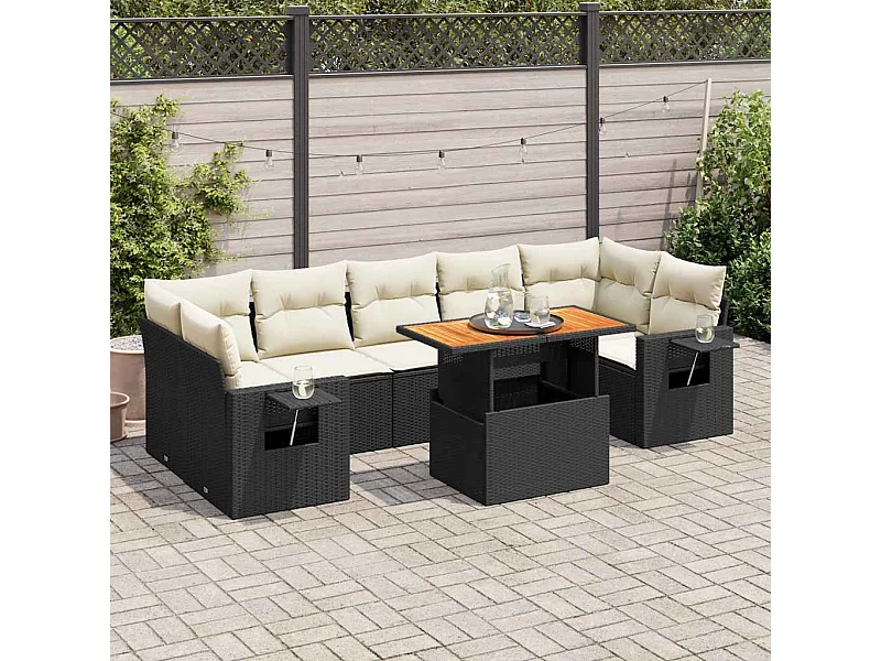 8-delige Loungeset met kussens poly rattan zwart