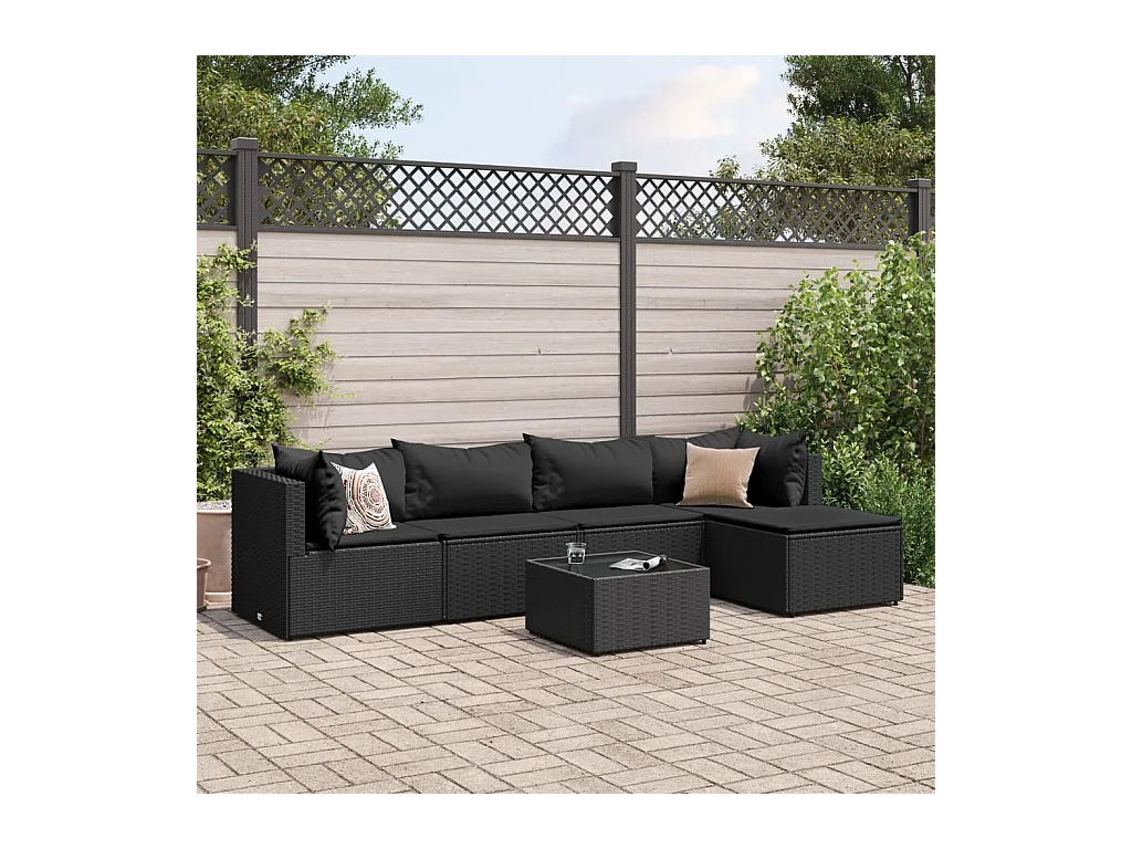 Set muebles de jardín 6 piezas y cojines ratán sintético negro