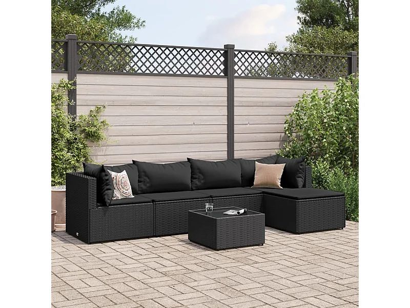 Salon de jardin 6 pièces avec coussins Noir Résine tressée