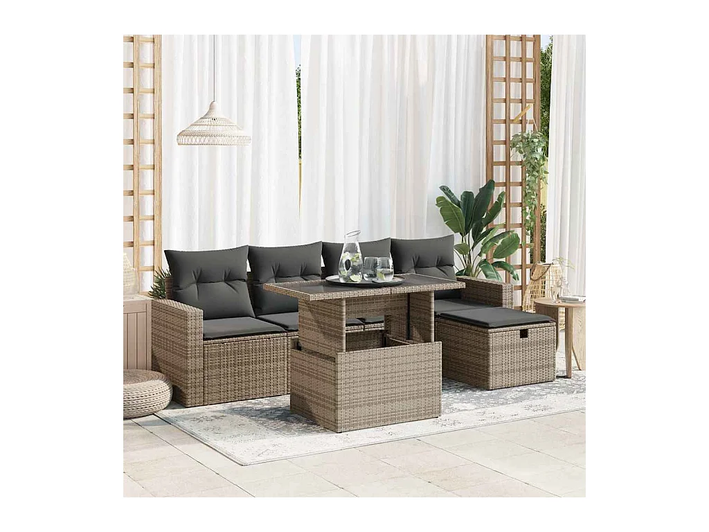 6-delige Loungeset met kussens poly rattan grijs