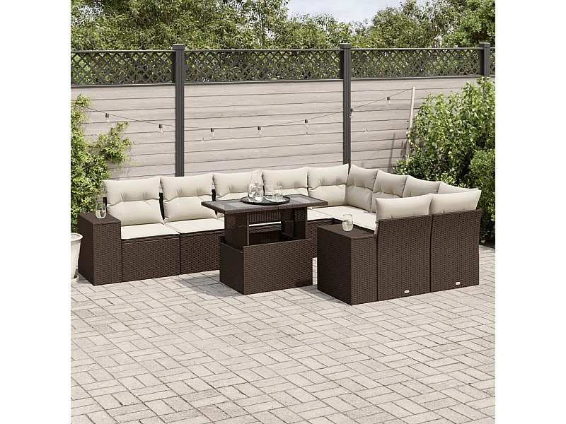 10-delige Loungeset met kussens poly rattan bruin