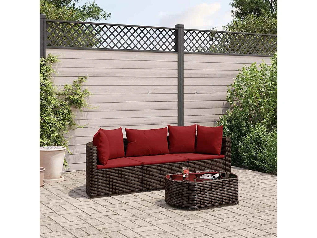 Set de sofás de jardín 4 piezas y cojines ratán sintético marrón