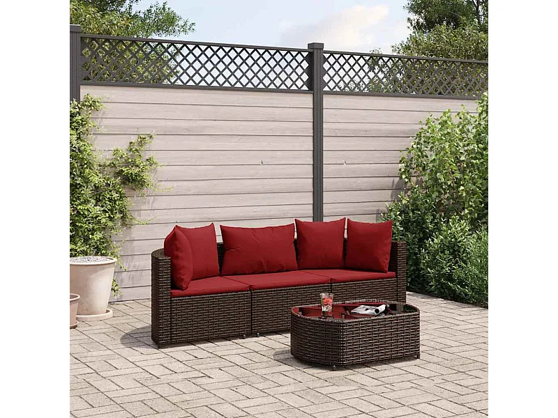 Salon de jardin 4 pièces avec coussins marron résine tressée