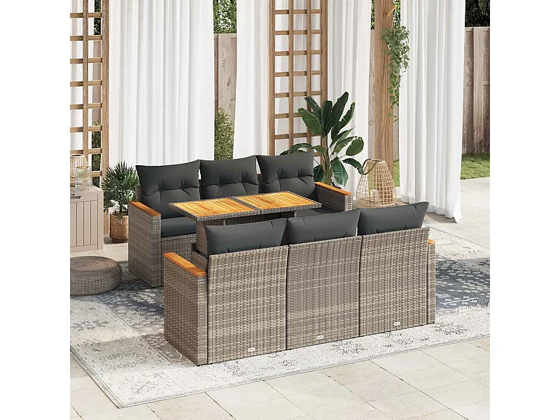 7-delige Loungeset met kussens poly rattan acacia grijs