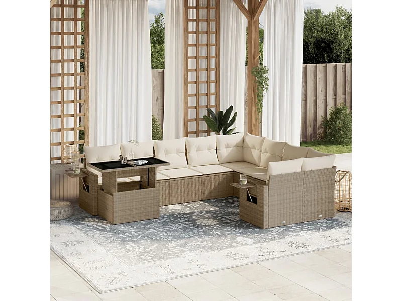 10-delige Loungeset met kussens poly rattan beige