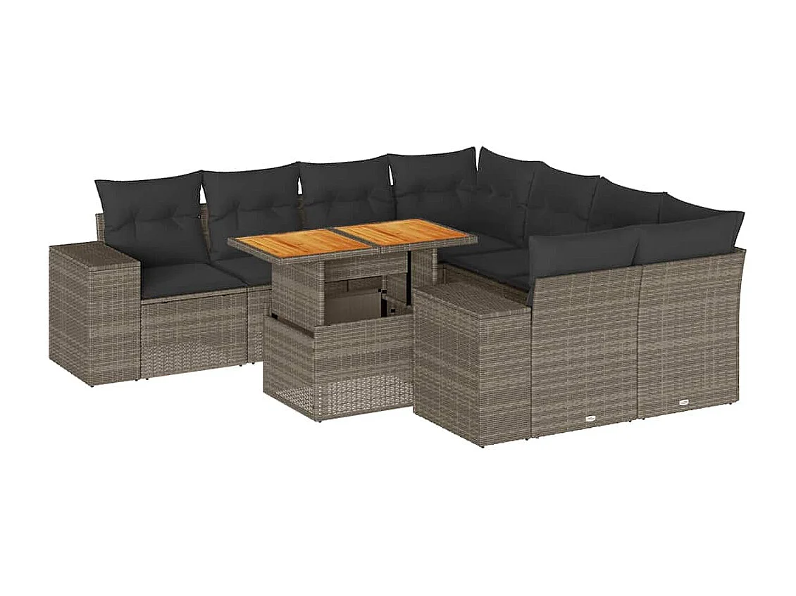 Set de sofás de jardín con cojines 9 piezas ratán sintético gris