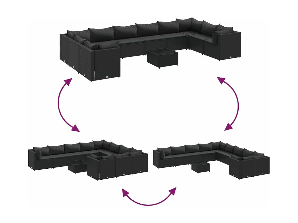 11 peças conjunto sofás de jardim com almofadões vime PE preto